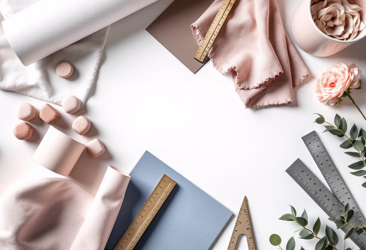 [background image] image of art supplies on a desk (for a graphic design studio)